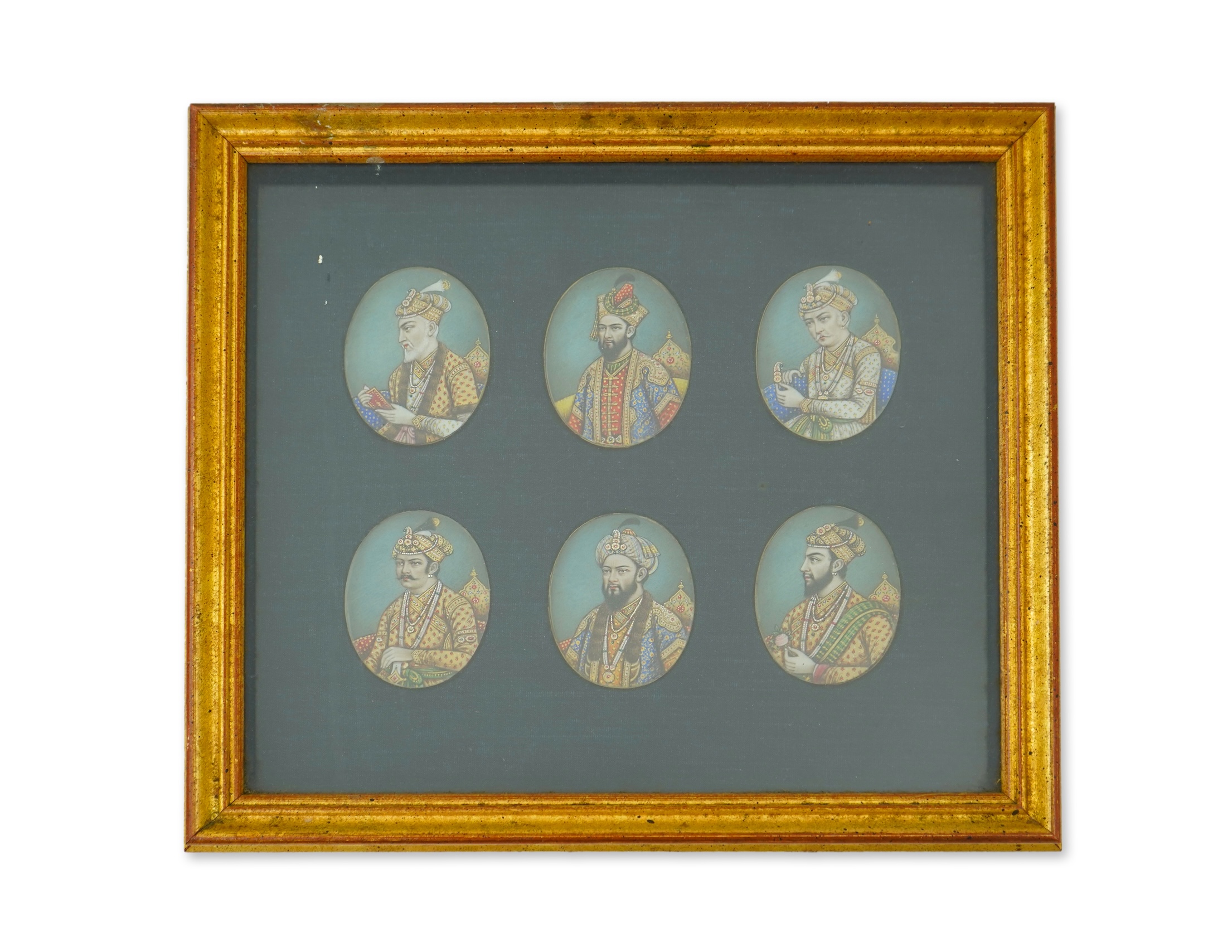 Indian School , (Late 19th century), A set of six portrait miniatures of Mughal rulers, Watercolour on Ivory, Oval, each approximately 6.2cm x 4.8cm